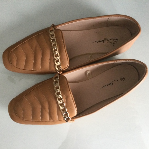Tan Loafers With Gold Chain Accent - Picture 2 of 6